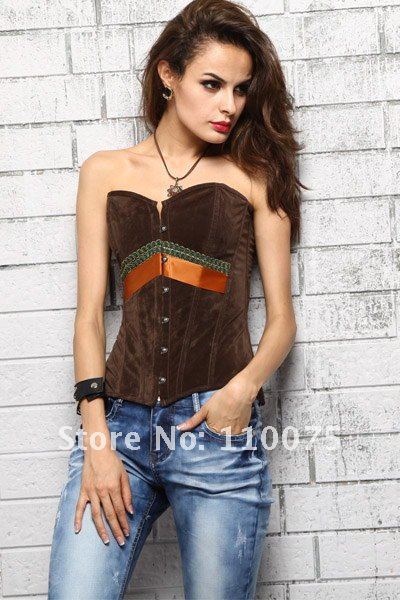 2012 NEW STYLE--Lowest Price--Sexy Brown Punk Goth Newspaper Jean Denim Design Printed Corset Bustiers Shaper Busk Steel Boned