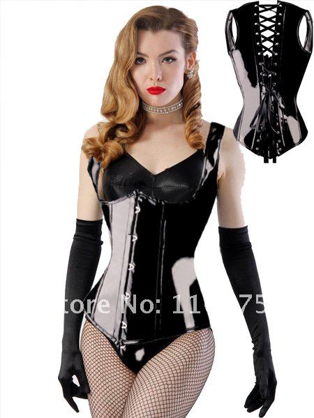 2012 NEW STYLE--Lowest Price--SEXY GOTHIC BLACK FAUX LEATHER VEST CORSET BUSTIER STEEL BONED LACE-UP BUSK G-STRING SIZE S M L XL