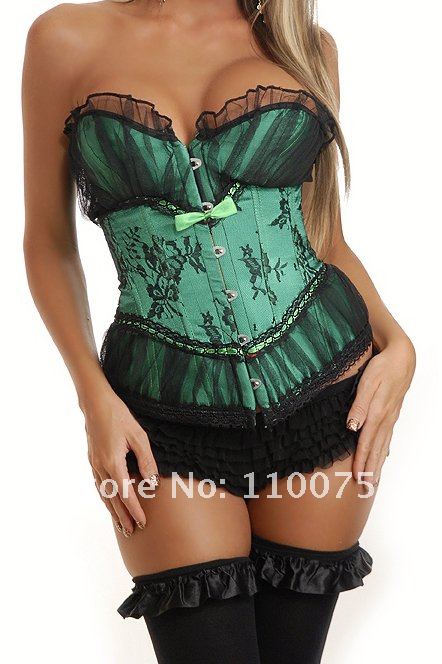 2012 NEW STYLE--Lowest Price--Sexy Green/Black Lace Bra cup Corset Bustier Steel Boned Busk Gothic Ruffle Linferie Overbust