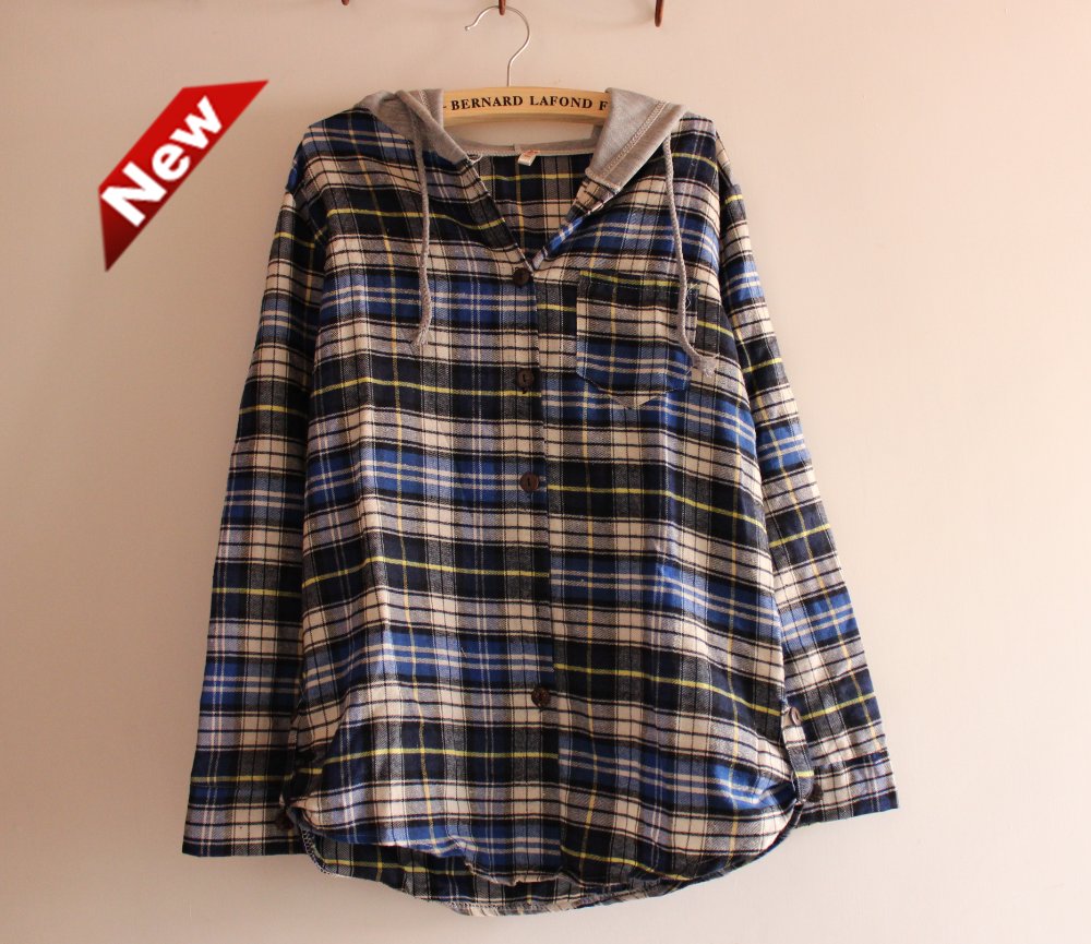 2012 New Style  Women Hooded Pocket Plaid Shirts, Ladies Classic Striped Tops Blouses Free Shipping