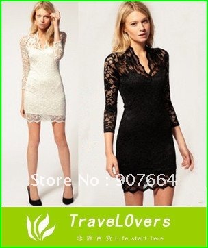 2012 New Style Women's  Lace Sexy Package Hip Long-sleeved Dress With Three Different Colors