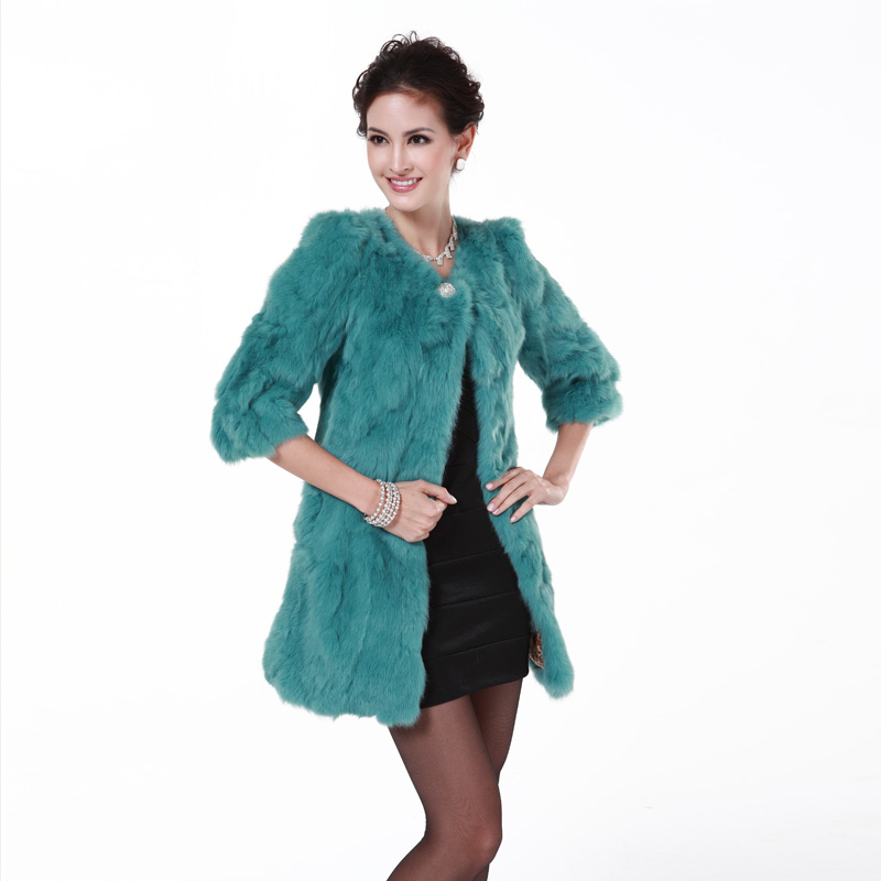 2012 new style women's slim rabbit fur overcoat three quarter sleeve medium-long ladies'fur coat free shipping winter coat