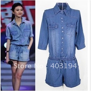 2012 New Summer fashion women's jeans pants shorts denim one piece jumpsuit  plus size Playsuit S M L