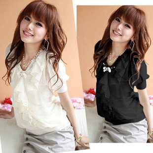 2012 new summer Korean Women Slim chiffon blouse OL temperament short-sleeved chiffon shirt black white Free shipping