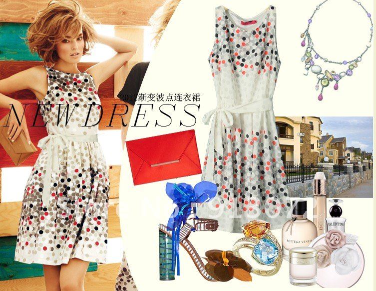 2012 New summer sexy slim popular Tunic Dotted dress sleeveless chiffon O-neck women's Casual dress with color polka dots