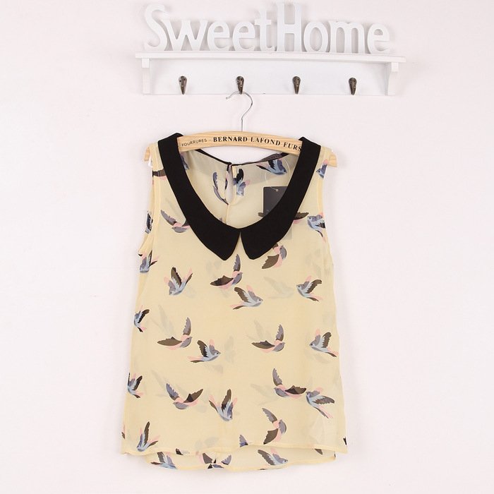 2012 NEW, unique peter collar bird printed sleeveless chiffon women's blouse