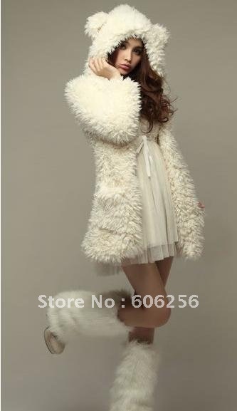 2012 new vivi style lovely and fashion autumn/ winer white hooded Faux Fur coat,long jacket