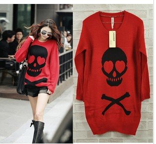 2012 New Winter and Autumn Women Skull PatternSweater Long Sleeve Plus Large Dress Sweater Korea Style Sweater