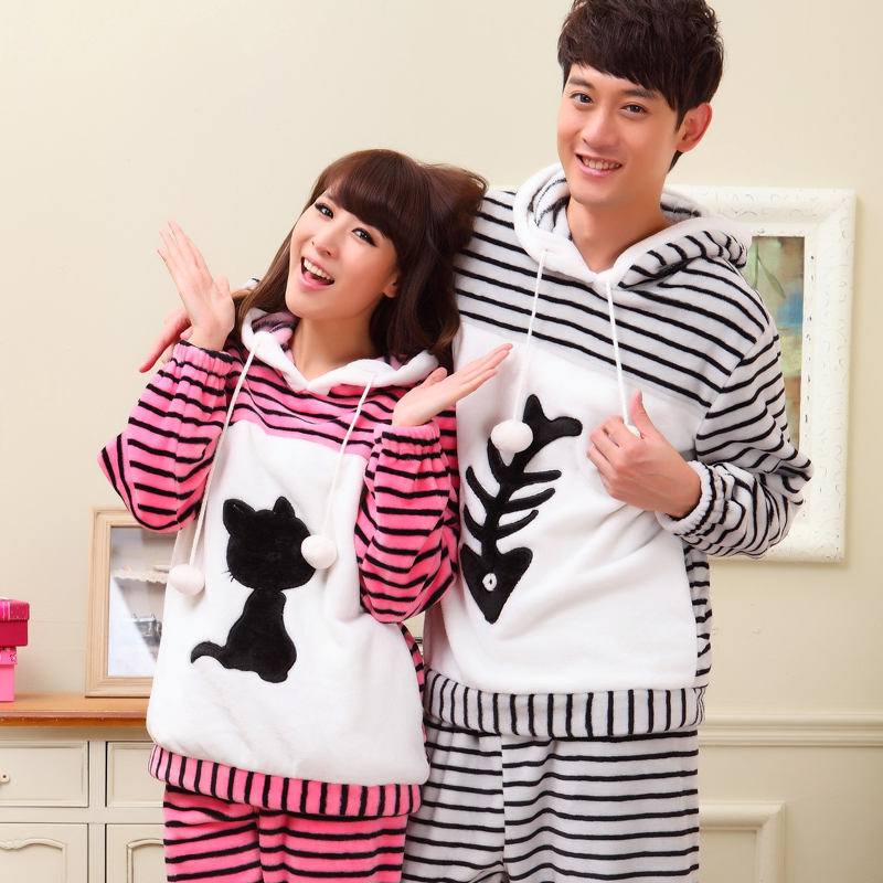 2012 new winter coral velvet couple pajamas for women/Male and female Cat and fish  cartoon pajamas Fashion homewear