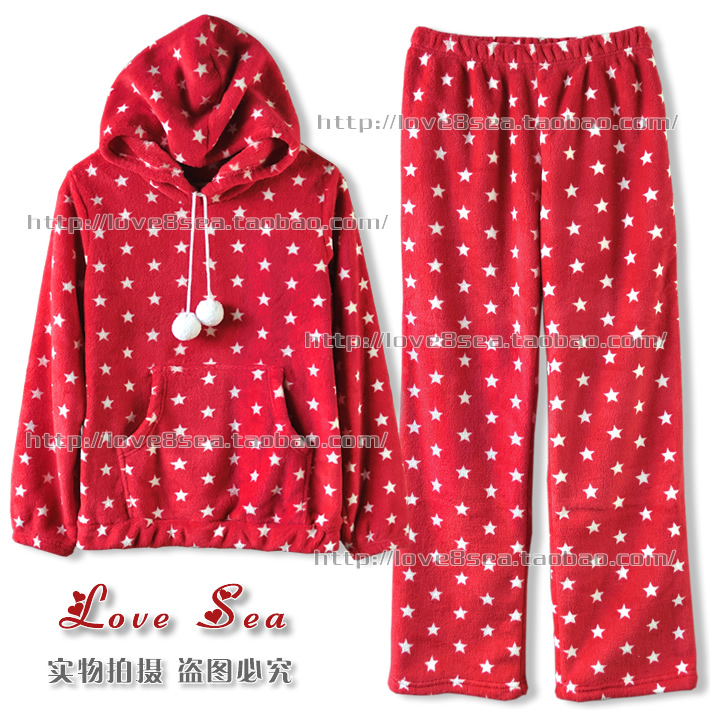 2012 new winter coral velvet pajamas women The hooded red star pajamas for women  1pc