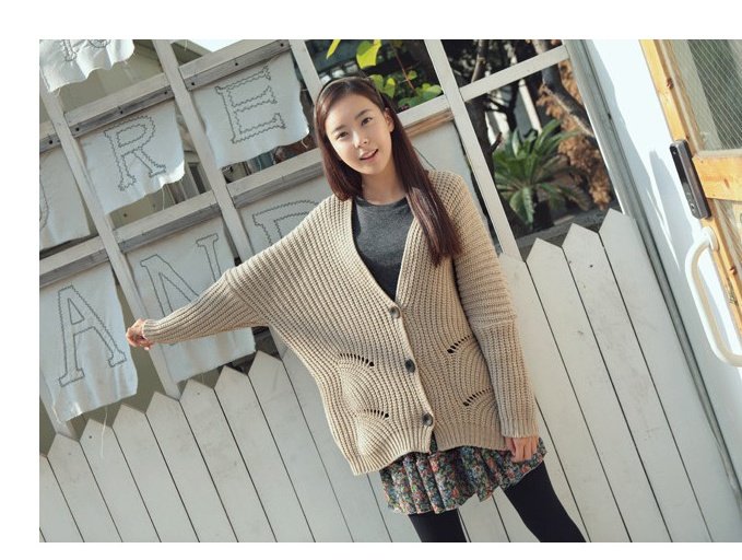 2012 New Winter Women Fashion Hollow Out Sweater Deep V Neck Pullover Three Button Warm Biege Loose Fit Outwear