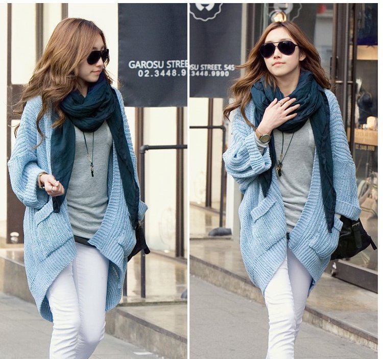 2012 New Winter Women No Button Brand Sweater Turn Up Sleeve Warm Cardigan Skyblue Loose Fit Cargo Sweater