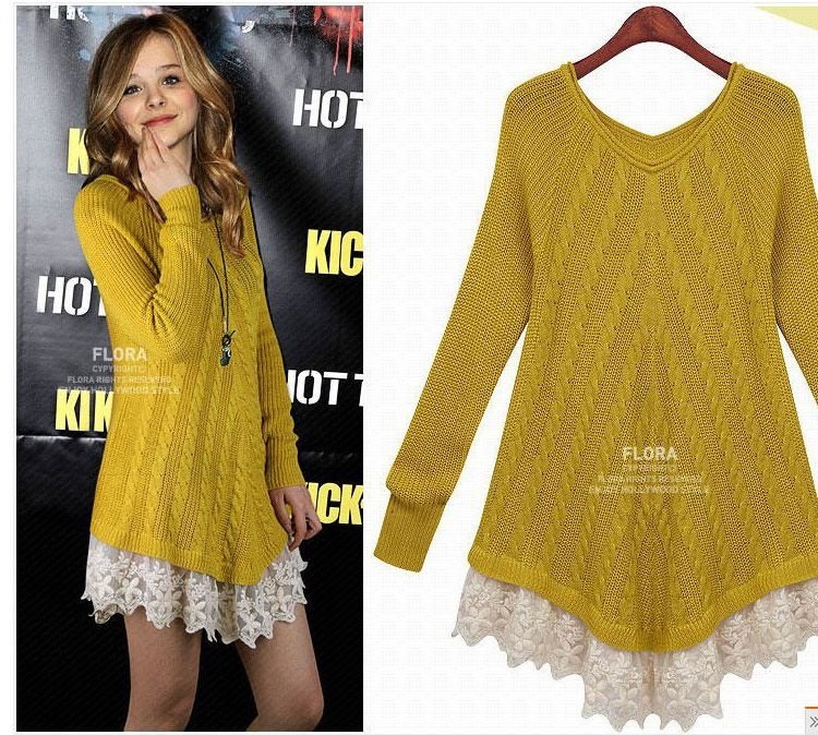 2012 New Winter Women Twist Brand Sweater V Neck Pullover Lace Stylished Slim Sweater Dress Yellow