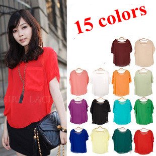 2012 New Women Bat-wing Short Sleeve Front Short Back Long Chiffon Blouse,Mutli-color Ladies Shirt Tops Free Shipping