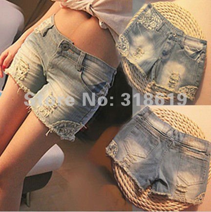 2012 New Women casual jeans shorts lace rivets denim jeans shorts summer pants Free Shipping