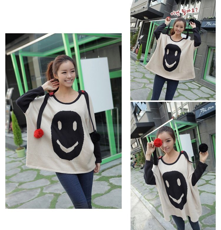 2012 New Women Detachable Hood Sweater Smile Face Pullover Batwing Long Sleeve Beige Loose Fit Outwear