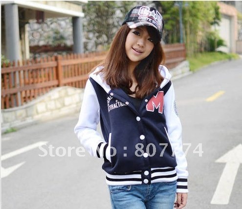 2012 New Women M Letter Varsity Jacket hotsale Baseball Jacket Coat  Blue Cardigan Sport style Outwear