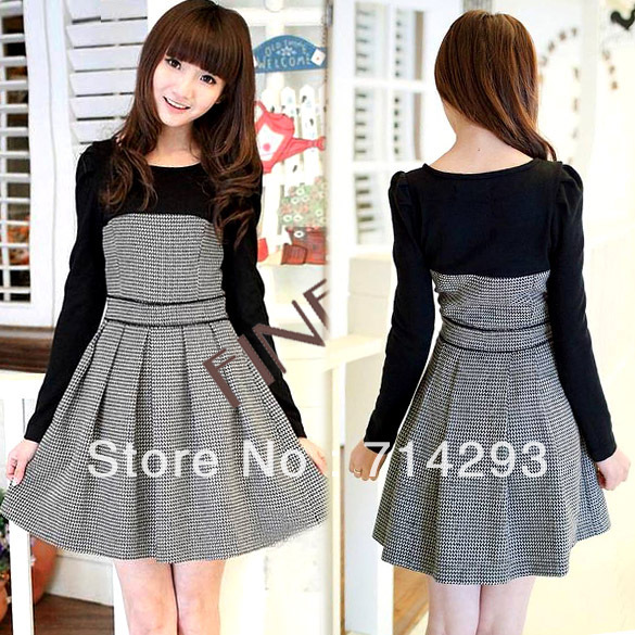 2012 New Women's autumn and winter Elegant Plaid +Long Sleeve Dress M,L,XL free shipping 8186