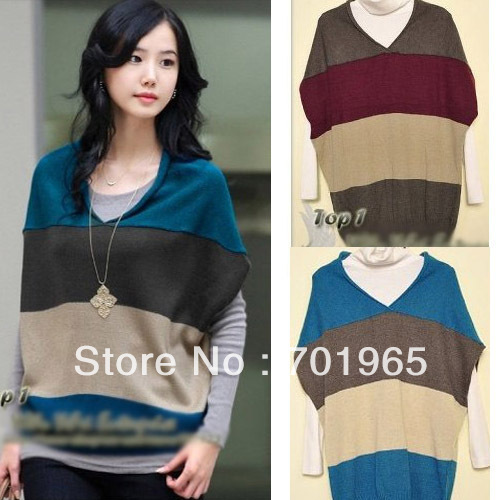 2012 New Women's Autumn And Winter High-quality Lamb Wool Material Tri-color Stitching Design Bat Sleeve Sweater Y1033