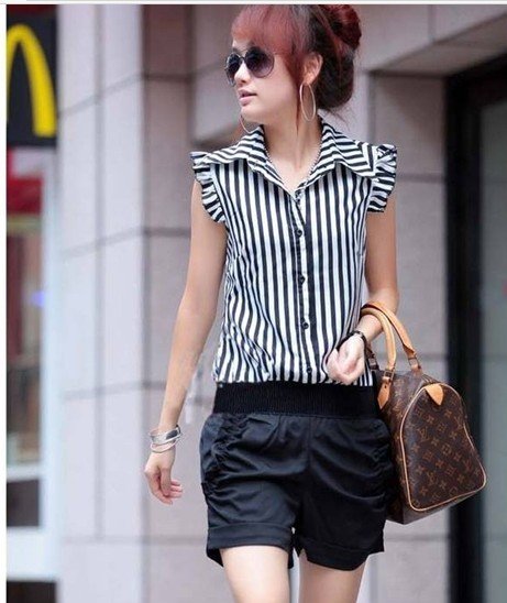 2012 new women's clothing stripe lapel shorts snow spins stripe shirts conjoined twins pants