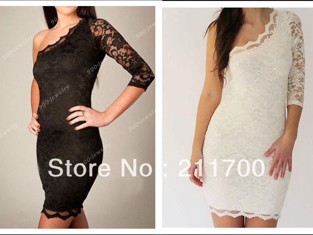 2012 New Women's Fashion Lace Dress Slim Flower One-shoulder 3/4 Sleeve Dress White Black Size S/M/L/XL/XXL Free shipping