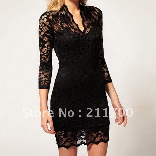 2012 New Women's Fashion Lace Mini Dress Slim Flower V-Neck 3/4 Sleeve Dress Black S/M/L/XL/XXL Free shipping