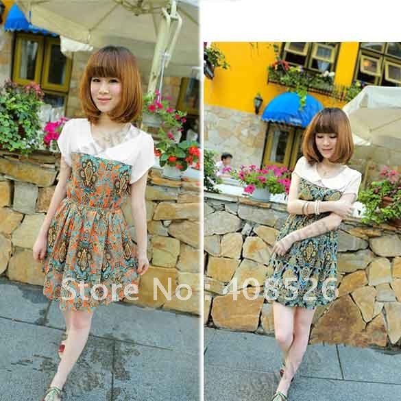 2012 New Women's Lady Nations Style Vintage Short Sleeve Chiffon dress print free shipping 5533