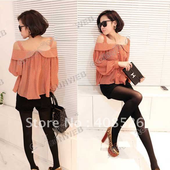 2012 New Women's Long Sleeve Off Shoulder Casual Chiffon Shirt Tops Blouses free shipping 5429