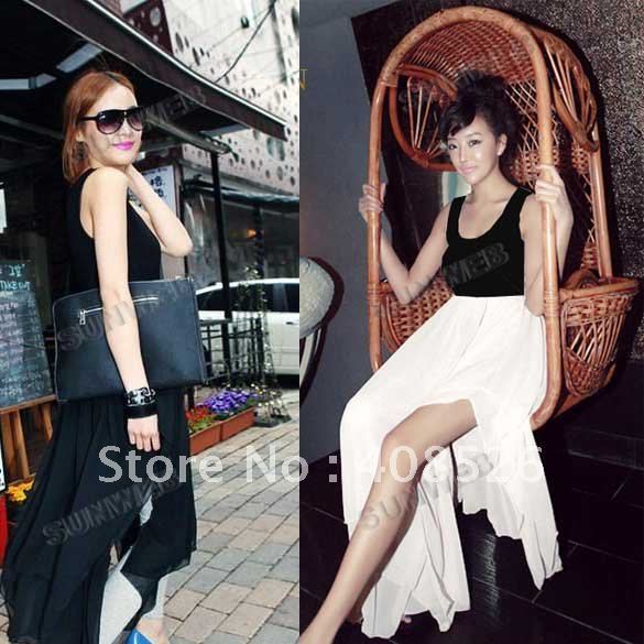 2012 NEW Women's Sexy irregular Chiffon Dresses Slim Sleeveless Long Dress vest skirt Black, White free shipping 3676