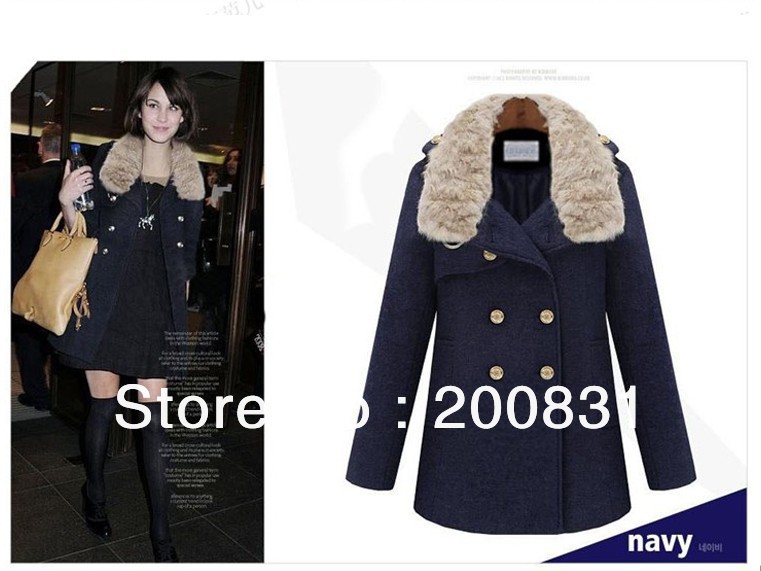 2012 New Women Wool Blend Coat Fashion Wool Collar Outerwear Double Breasted Trench Warm Coat Free shipping