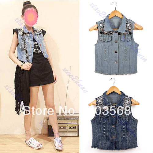 2012 New Womens Retro Beaded Sequined Distressed Denim Blue Jean Vest Sleeveless Jacket Free Shipping