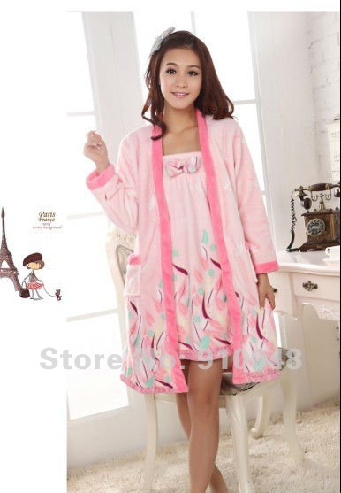 2012 newest  cute leaf  flannel 2 pcs/ set robe for women / top quality nightgown / free shipping