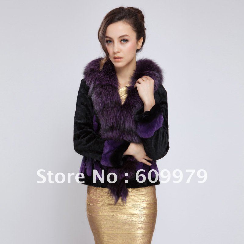 2012 Newest Design Fashion Lady Rex Rabbit Fur Coat with Fox Fur Collar FRF0111 Size of M, L, XL,XXL