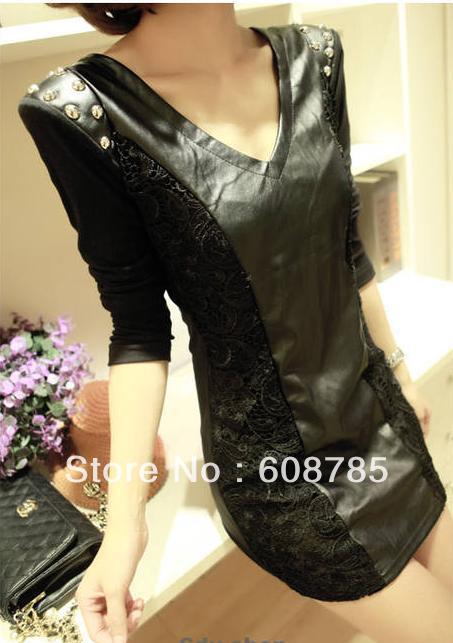 2012 NEWEST fashion slim punk lace patchwork rivet long-sleeve leather one-piece dress S15