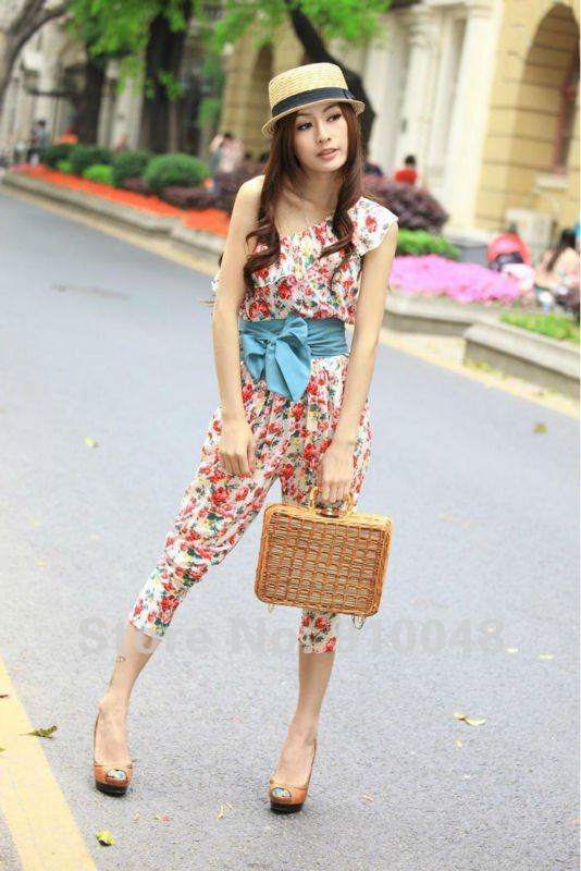 2012 newest Korean version off the shoulder lotus leaf  floral jumpsuit  with waist belt / wholesale & retail / free shipping