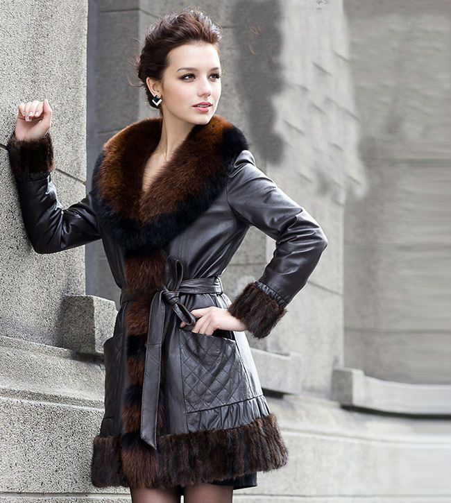 2012 newest ladies'  noble Fashion 100% Genuine leather long coat with True fox fur collar , ladies outerwear 12F2