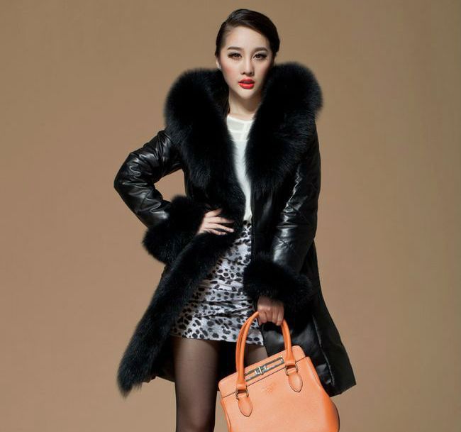 2012 newest noble ladies' Fashion 100% genuine leather winter long down coat with fox fur collar,ladies down garment \outerwear