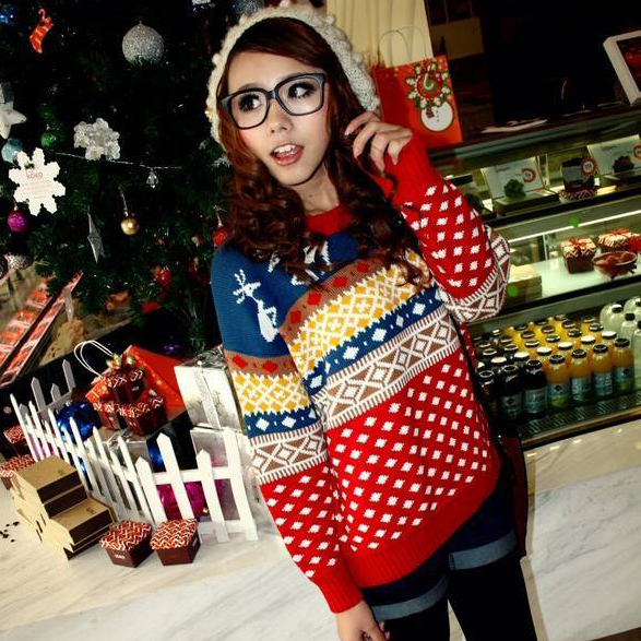 2012 Newly Autumn And Winter Fashion Multicolour Dimond Plaid Christmas Deer Long-sleeve Pullover Sweater LYXF208