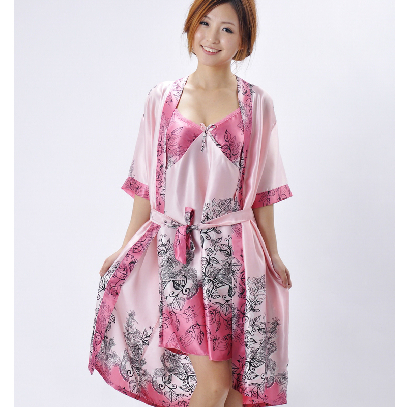 2012 noble faux silk print twinset robe bathrobes nightgown