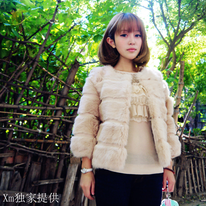 2012 o-neck high quality full leather rabbit fur formal short design fur coat