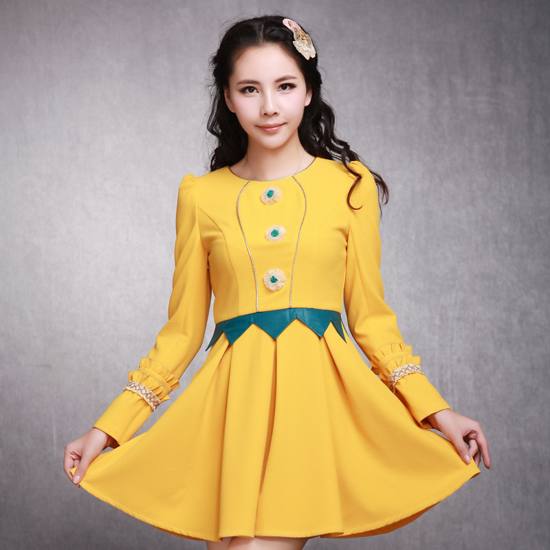 2012 o-neck light flower leather decoration one-piece dress slim y3379