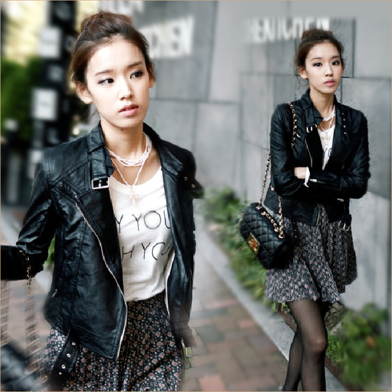 2012 o-neck PU short design motorcycle small leather clothing women outerwear leather jacket