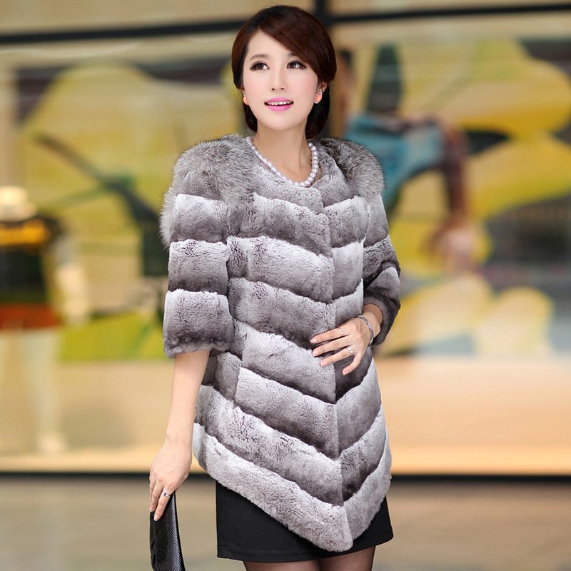 2012 o-neck rabbit trophonema silver fox fur coat medium-long 8871