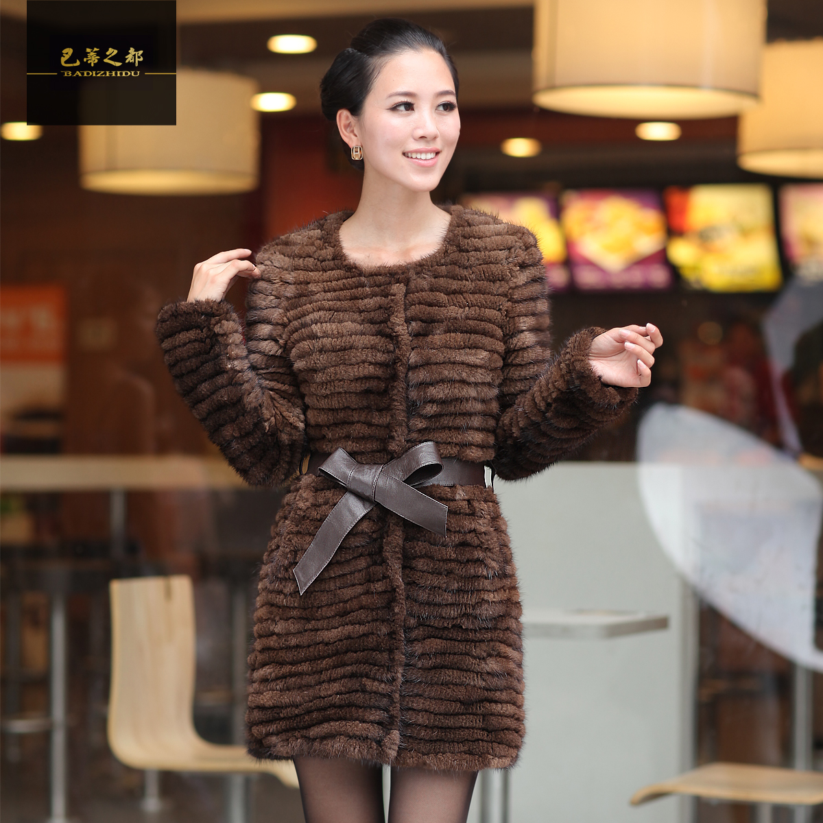 2012 o-neck slim long-sleeve mink knitted fur coat medium-long fur overcoat b2228