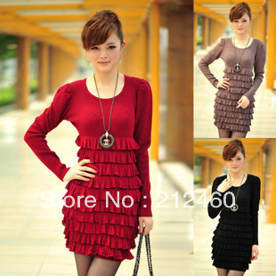 2012 o-neck slim puff sleeve cascading layered dress sweater