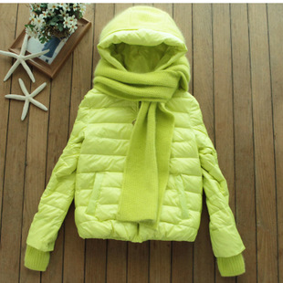 2012 ochui thin fashion rabbit hair knitted scarf with a hood neon green design female short down coat