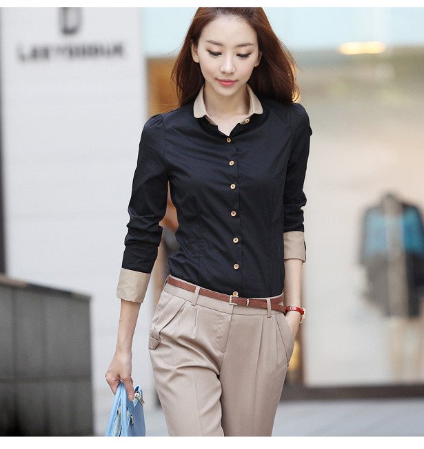 2012 OL fashion women slimming black work wear blouse V neck button designs long sleeve shirts blouses FREE SHIPPING