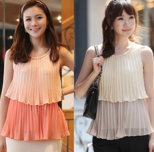 2012 OL women's summer fashion o-neck sleeveless chiffon pleated beading vest shirt top W963