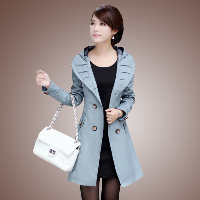 2012 outerwear autumn and winter new arrival ruffle collar double breasted slim plus size long design with a hood women's trench