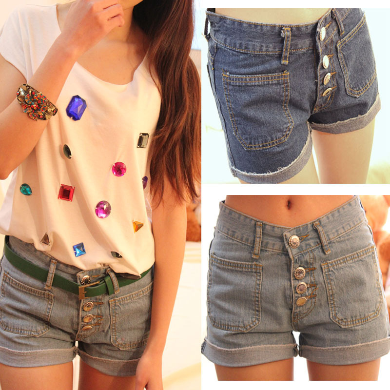 2012 patch pocket multi-button water wash roll up hem roll-up hem women's shorts straight high waist denim shorts